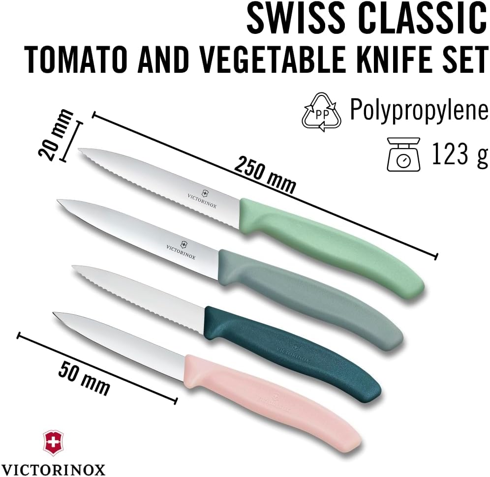 Victorinox Swiss Classic, Paring Knife Set, 4-piece, Sharp Blade, Straight and Serrated Edge, Swiss Made, Pink, Blue, Grey. Light Mint