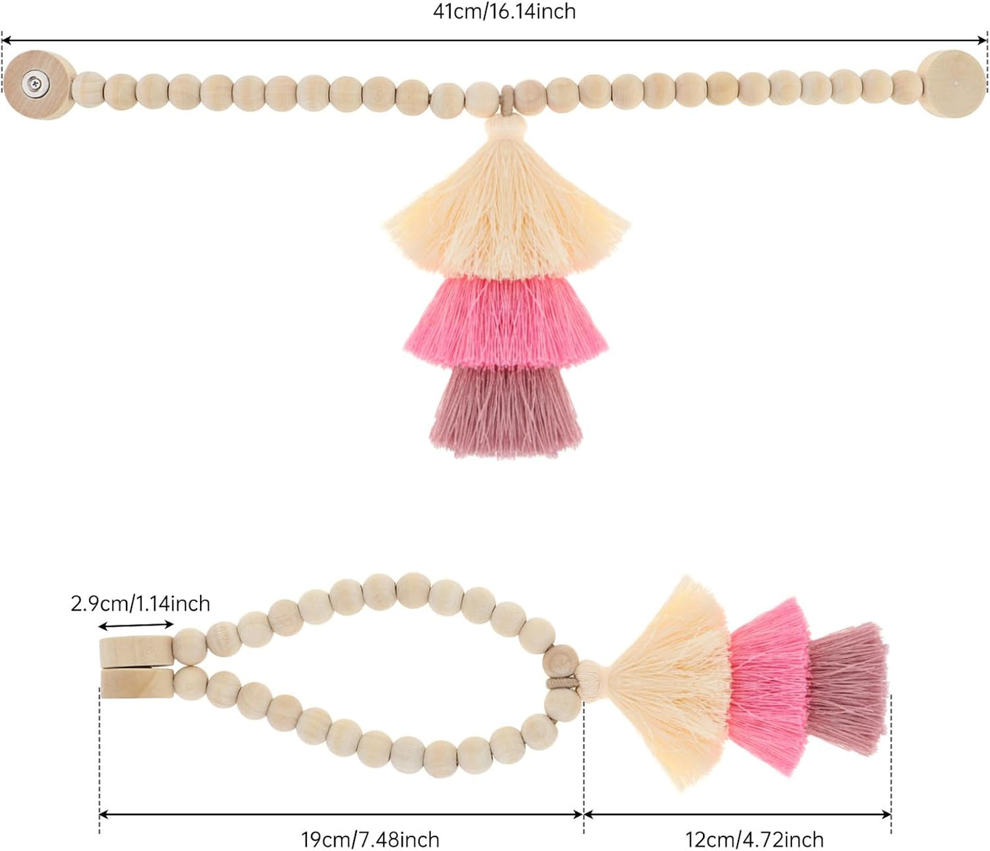 Magnetic Curtain Tiebacks,Wood Beads,2Pcs Boho Ties with Triple Tassel,Pink | No drill, smooth wood bead, strong magnetic closure, keep curtains firmly in place, for bedroom,living room,nursery