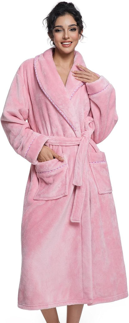 Womens Long Fleece Robe Soft Plush Robes for Women Warm Bathrobes Comfy House Coat Full-length with Pocket