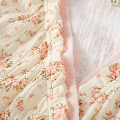 Womens Robe, Cotton Gauze 3/4 Sleeve Floral Long Bath Robe Soft Bathrobe House Coat Sleepwear