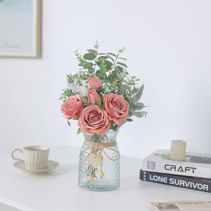 Faux Flowers with Vase,Artificial Silk Roses in Vase, Fake Plant Eucalyptus Flower Arrangement for Home Office Farmhouse Bathroom Dining Table Centerpiece Decorations Coffee Table Decor (Dusty Pink)