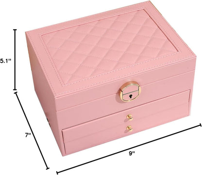 GUOER Jewelry Box for Women Girl Wife 3 Layers Large PU Leather Jewelry Organizer Storage Case with Two Layers Display for Earrings Bracelets Rings Watches PINK