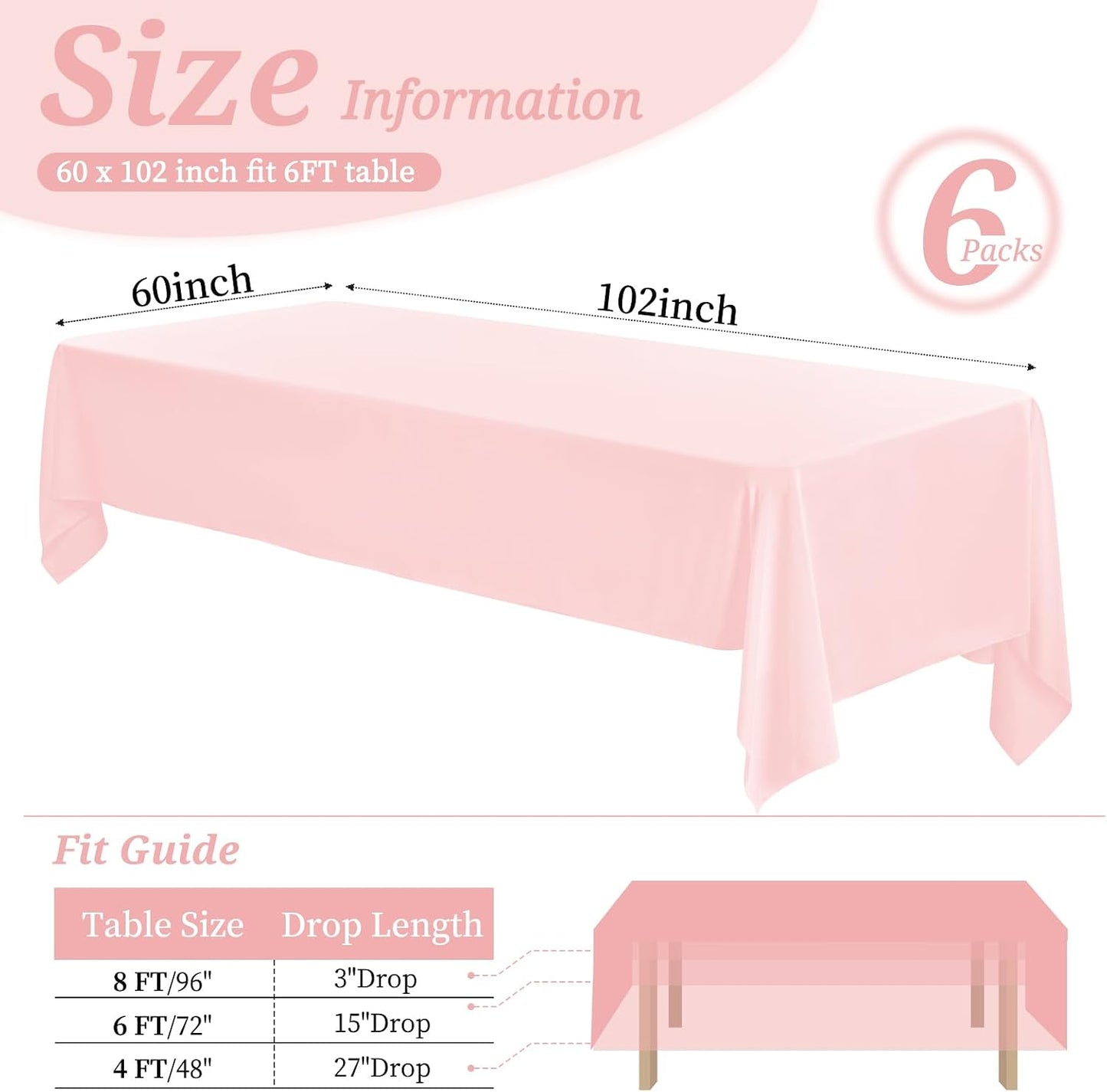 YMHPRIDE 6 Pack Pink Polyester Tablecloths, 60 x 102 inch, Rectangular, Wrinkle Resistant, for 6FT Tables, Parties, Weddings, Banquets, Indoor/Outdoor Use