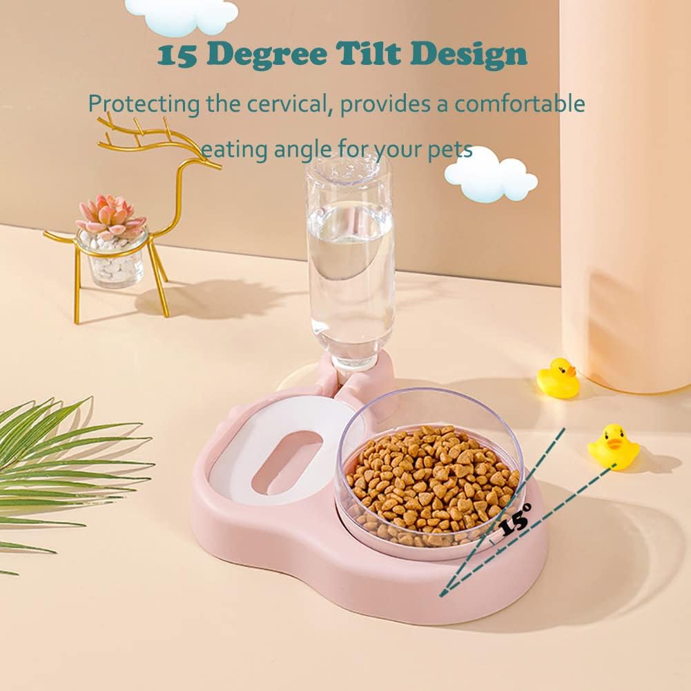 Love Dream 2-in-1 Dog Cat Bowls, 15°Tilted Raised Water and Food Bowl Set with Automatic Water Dispenser Bottle and Detachable Cat Dish, Pet Feeder for Small or Medium Dogs Cats Puppy Kitten Rabbit