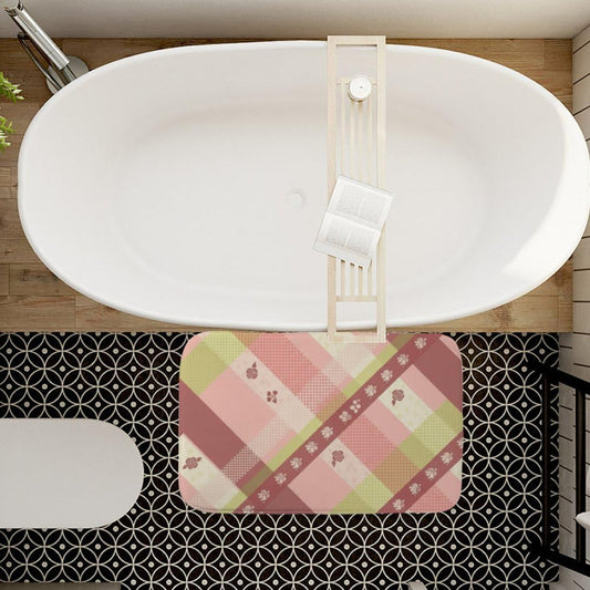 Bedside Rug Vintage Pink Roses Pastel Checkerboard Bathroom Rugs Small Dry Mat Mats for Bathroom Wear-Resistant Waterproof Slip Proof Ginger Bread Accessory Girls Shower Floor Decor for 18 X 30in