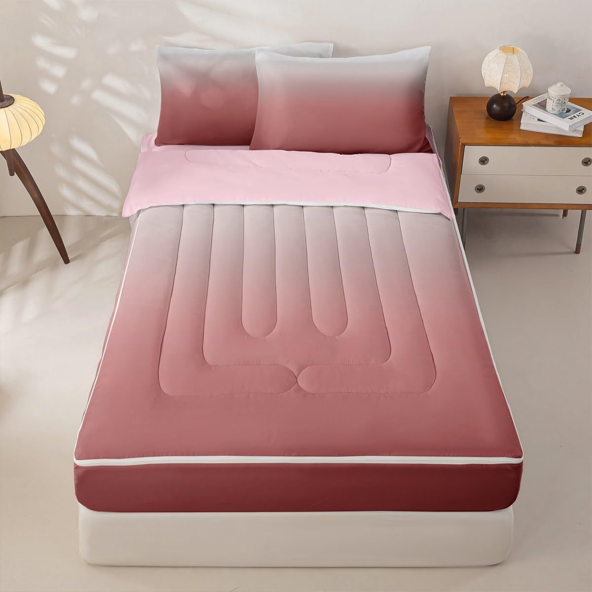 Erosebridal Peach Zip Up Bedding Set Twin Abstract Ombre Zipper Comforter Set with Sheets Pink Girl Bed in a Bag White Coral Gradient Modern Art Bed Sets with 2 Pillowcases
