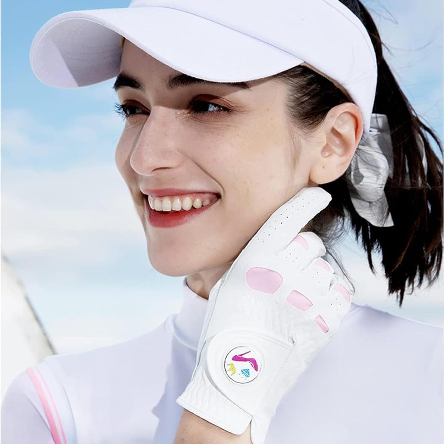 FINGER TEN Women’s Leather Golf Glove with Ball Marker Ladies Gloves Left Right Handed Golfer Extra Grip 1 Pack, Left Right Hand Pink Fit Woman Girl, Size Small Medium Large XL