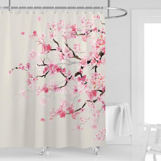Pink Cherry Blossom Shower Curtain 60''W x 72''L Beige Cream Pale Blush Floral Flower Japanese Asian Anime Art Spring Cute Vintage Funny Boho Plant Style Polyester Fabric 12 Pack Plastic Hooks