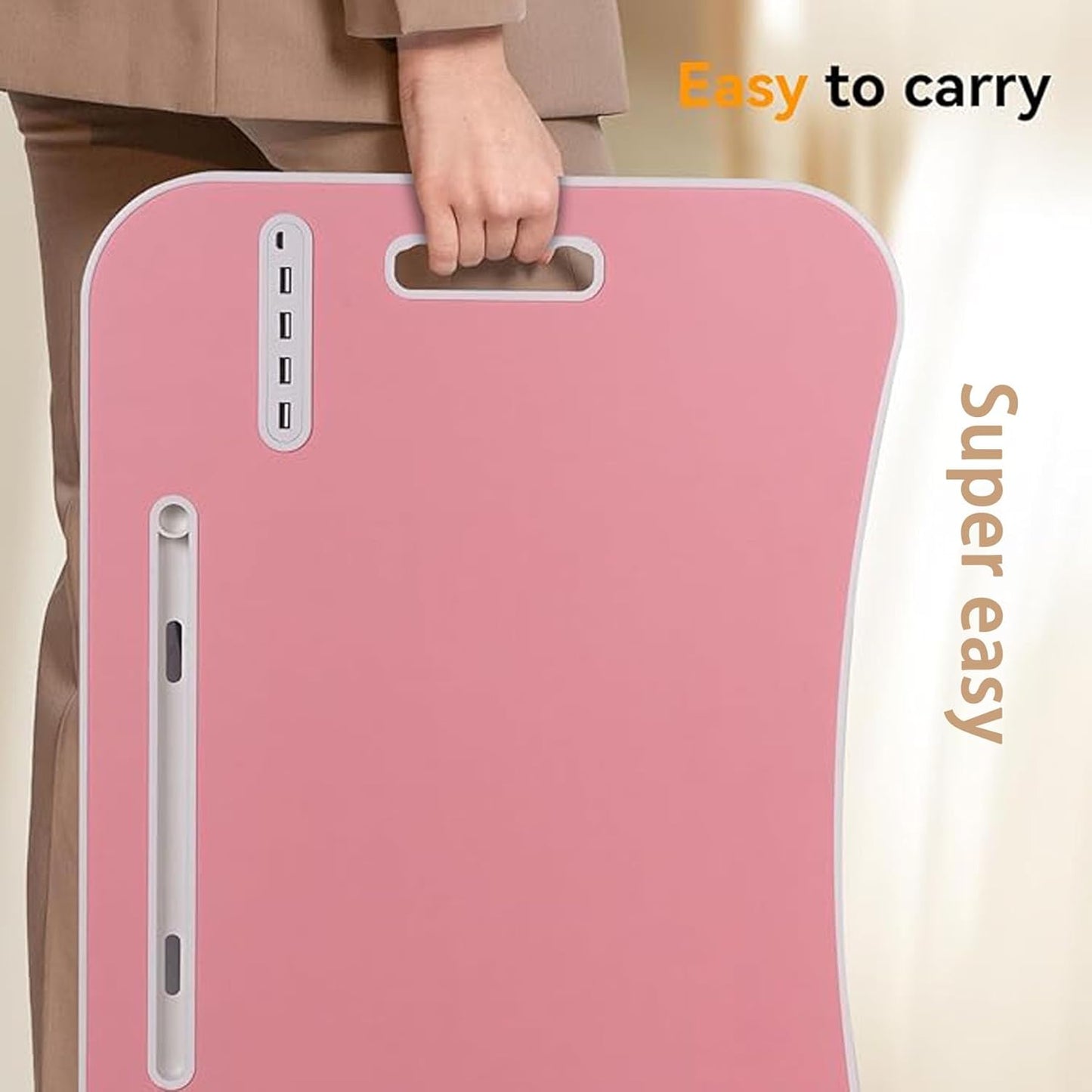 Foldable Laptop Table for Bed - Portable Adjustable Desk with Cup Holder,USB Charging Ports & Storage Drawer - Multi-Function Laptop Tray for Sofa,Floor & Outdoor Use (Pink)
