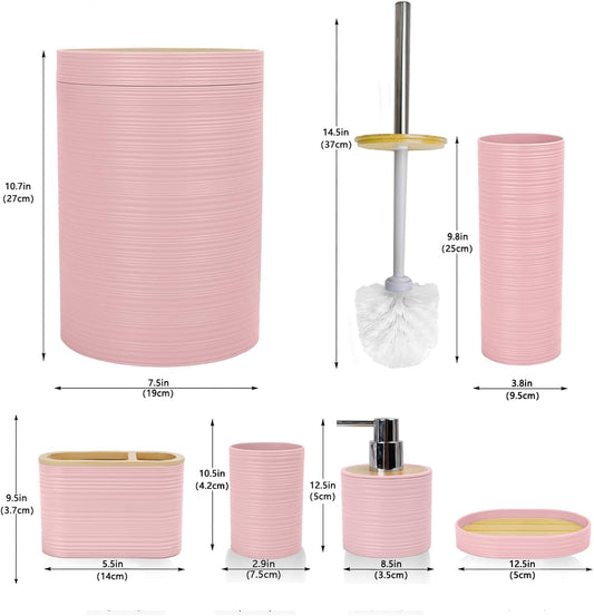CERBIOR Bathroom Accessories Set 6 Piece Bamboo Bath Ensemble Includes Soap Dispenser, Toothbrush Holder, Toothbrush Cup, Soap Dish for Decorative Countertop and Housewarming Gift, Sriral Pink