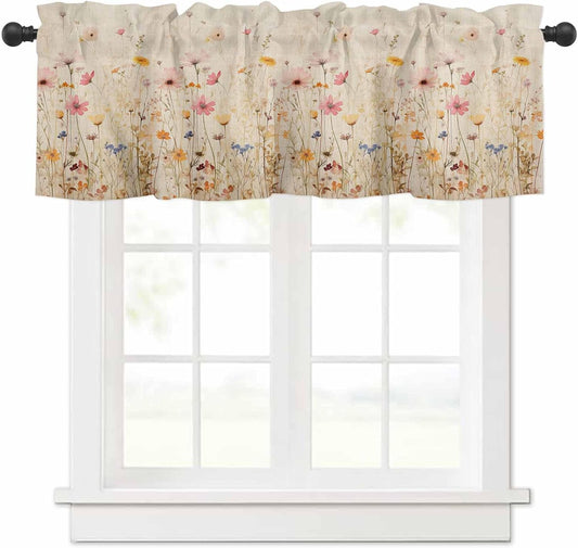 Yellow Pink Floral Valances Window Treatment Farmhouse Decor, Elegant Pastoral Spring Flower Pastoral Rod Pocket Valance Curtains for Living Room, Bedroom, Kitchen, 54" W x 18" L - 1 Panel
