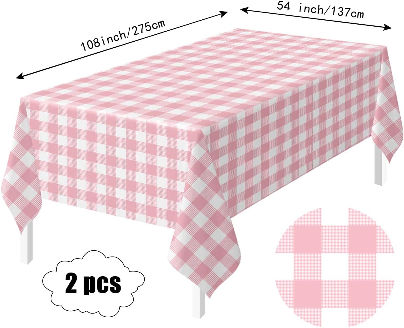 HEIPINIUYE 2 Pack Pink Gingham Tablecloth Disposable 54 x 108 Inch Pink and White Plaid Plastic Table Cloth Disposable Rectangle Table Cover for Party Birthday Picnic Checkered Tablecloths