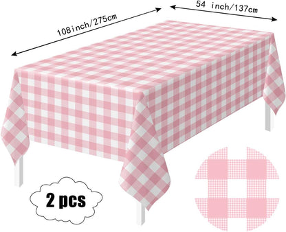 HEIPINIUYE 2 Pack Pink Gingham Tablecloth Disposable 54 x 108 Inch Pink and White Plaid Plastic Table Cloth Disposable Rectangle Table Cover for Party Birthday Picnic Checkered Tablecloths