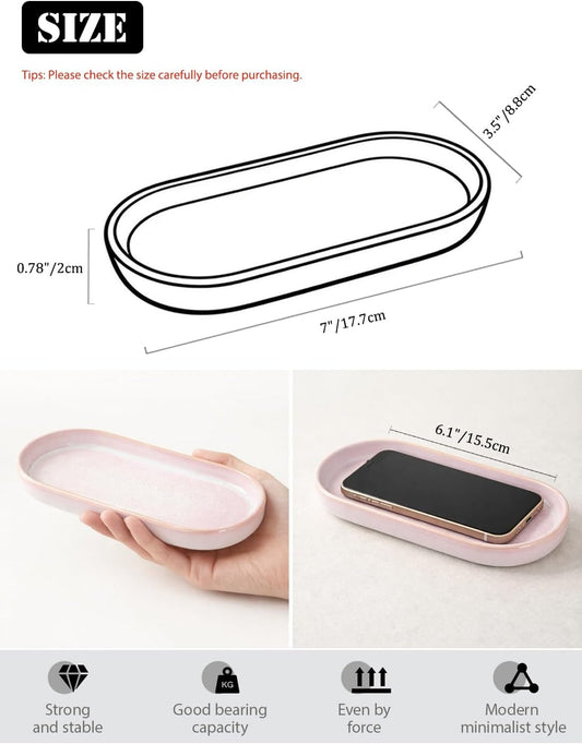 Glossy Pink Ceramic Bathroom Tray for Countertop, Small Vanity Organizer Dish for Perfume, Jewelry, Soap & Toiletries, Oval Decorative Tray for Bathroom Sink, Dresser, Minimalist Home Decor