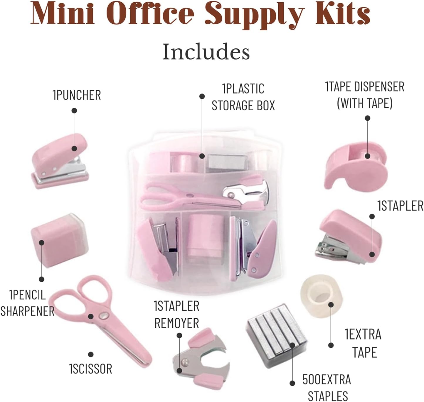 Mini Office Supply Kits Mini School Supplies – Includes Mini Stapler,Scissors, Staple Remover, Staples, Tape Dispenser (Pink)