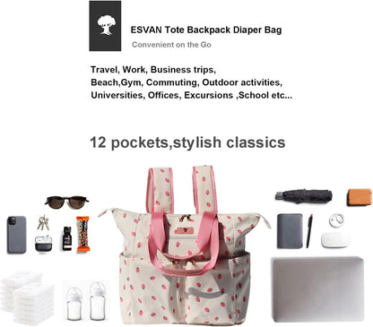 ESVAN Diaper Tote Bag Totepack Backpack 2 in 1 for Women Multifunctional Large Capacity with Insulated Pockets Travel | Multifunctional