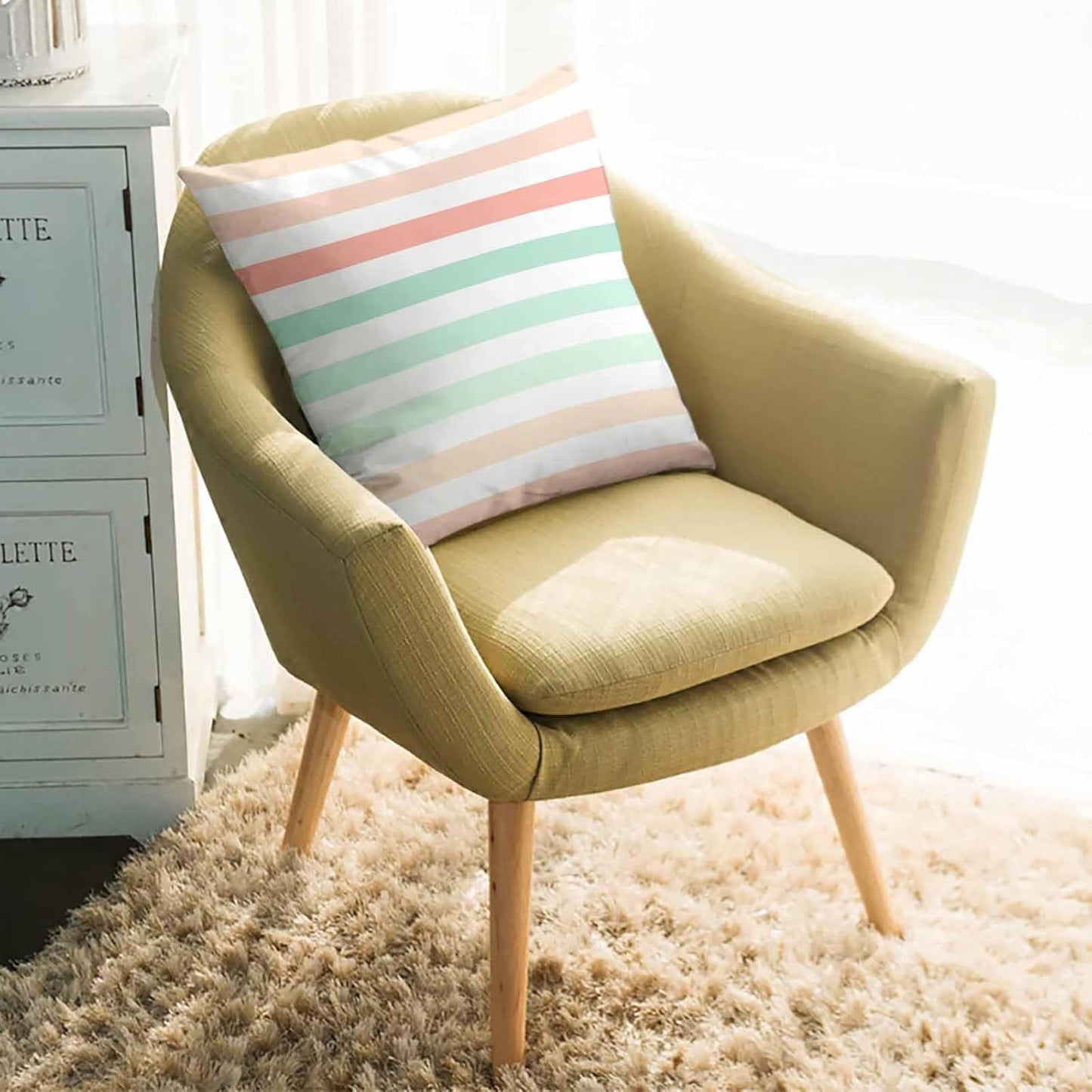 Throw Pillow Covers 18 x 18 Inch, Peach Pink Green Ombre Cotton Linen Pillows Cases, Farmhouse Stripe Modern Square Cushion Covers for Couch Sofa Bed
