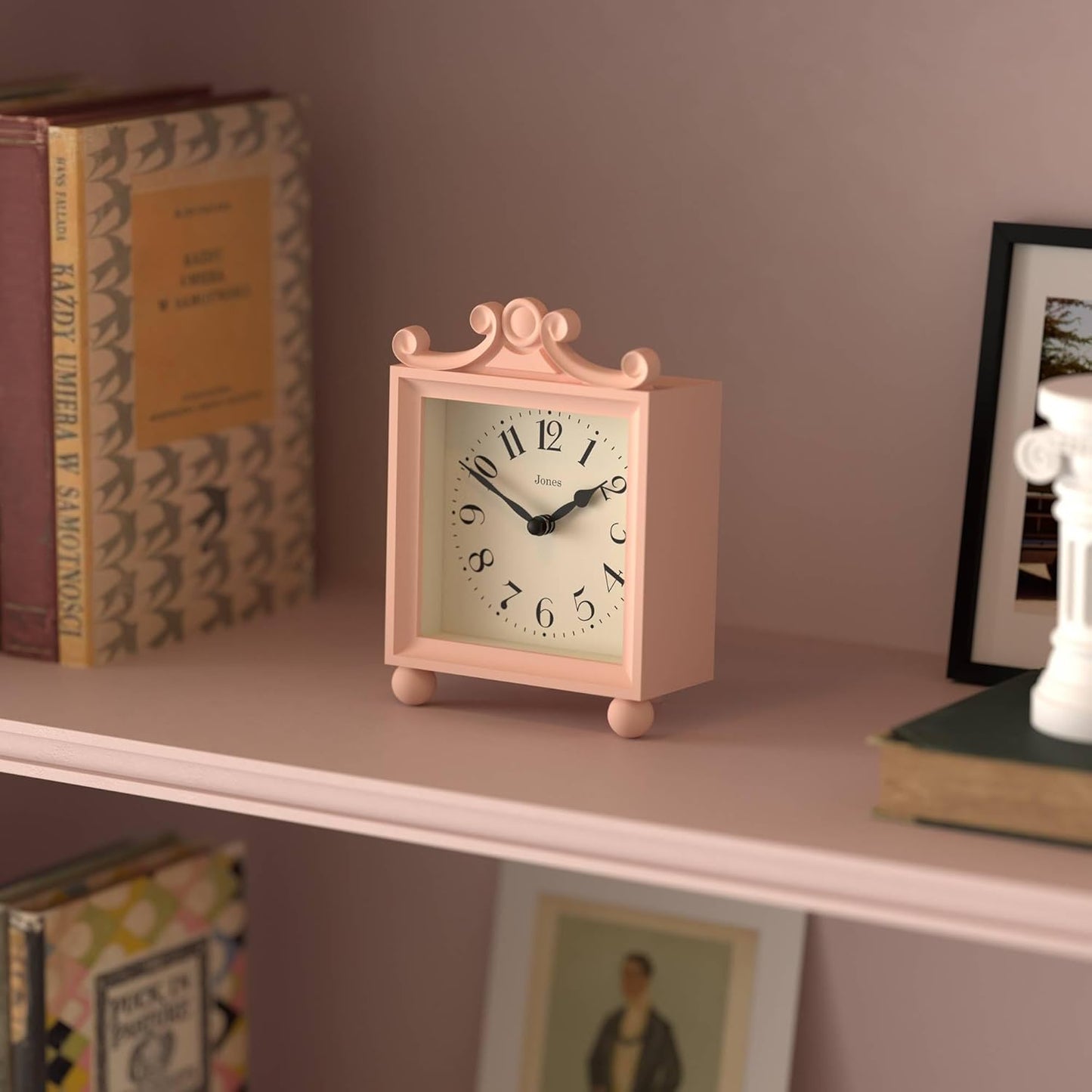 JONES CLOCKS® Parlour Mantel Clock | Small Classic Carriage Clock | Rose Pink | Elegant Square Decorative case, Perfect for Mantel, Shelf, Table or Bedside