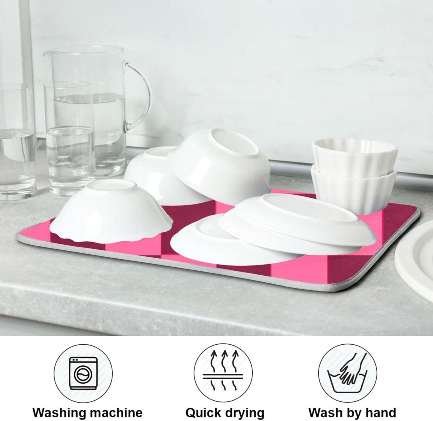 Checkered Hot Pink Dish Drying Mat for Kitchen Counter Kitchen Drying Mat Dish Rack Mat Dish Drainer Pad Microfiber Absorbent Washable Drying Pad for Countertop 16 x 18