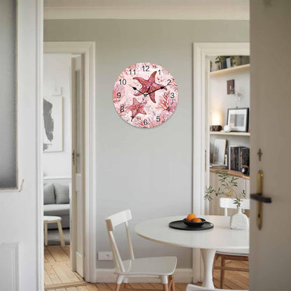 LooPoP Wall Clock Red Pink Starfish Clocks PVC Silent Non-Ticking Battery Operated Decorative Coastal Ocean Coral Round Clock for Home Living Room Kitchen Bedroom Office School Wall Decor 14 Inch