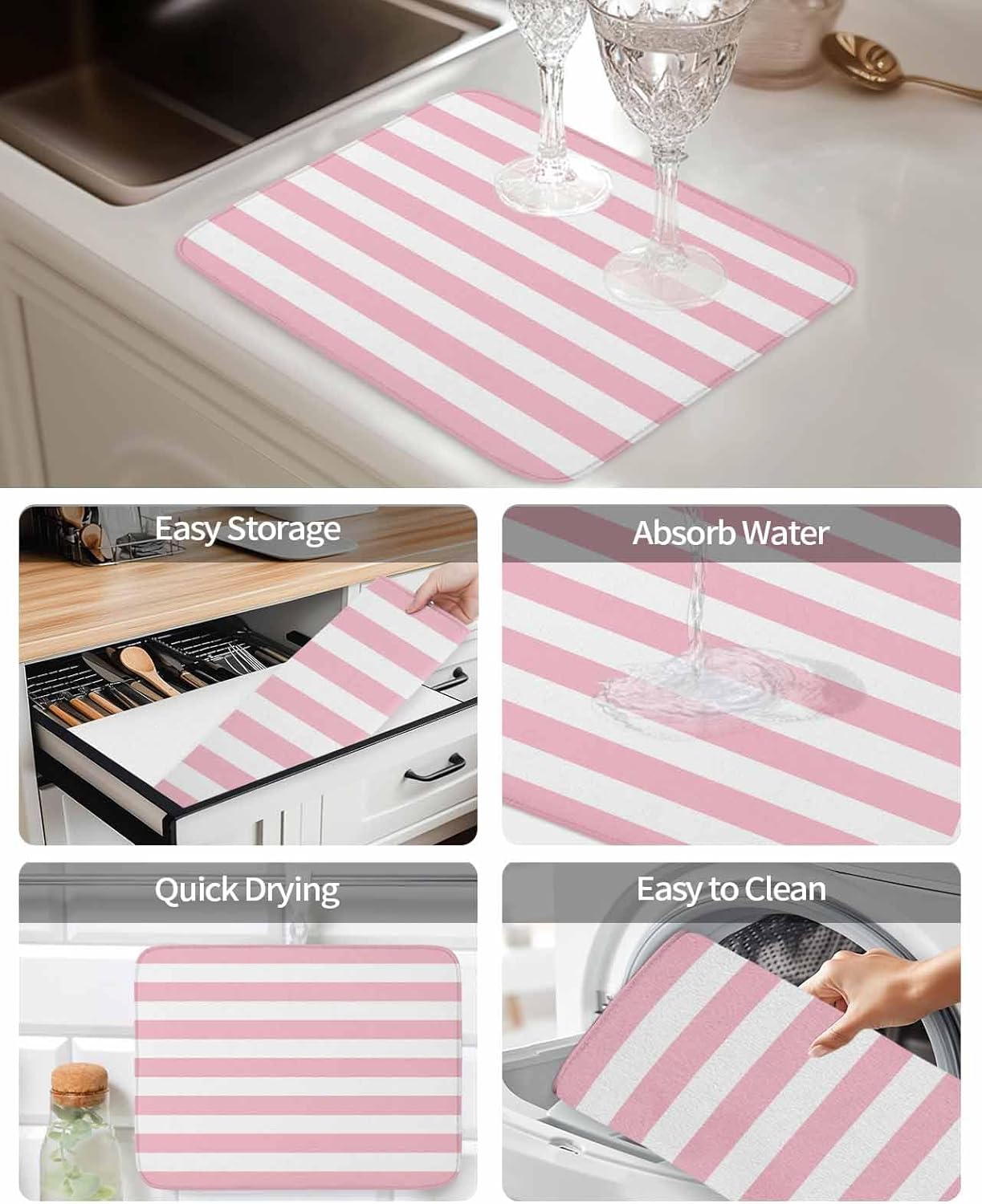 Dish Drying Mat Pink White Stripes Dish Drying Mats for Kitchen Counter Valentine's Day Absorbent Microfiber Dish Drying Mat Dish Rack Mat with Hanging Loop, Quick Drying Dish Mat 16*18in