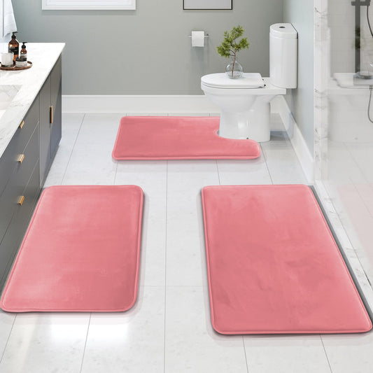 Clara Clark 3 Piece Bathroom Rugs Bath Mat Set, Velvet Memory Foam Bath Mats for Bathroom - Non-Slip, PVC Backing Bath Rugs, Washable - Dries Quickly, Pink