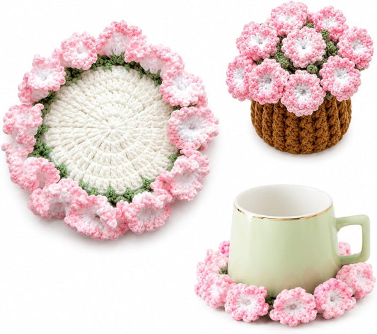 Flower Crochet Coasters Set, Handmade Bouquet Coaster with Crochet Plant Pot, Cute Drink Coasters for Desk Coffee Table, Foldable Decorative Coasters for Home Office Decor Gift (Pink)