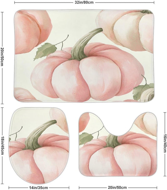 Light Pink Pumpkins Bathroom Rugs Bath Mats Set 3 Piece 20"x32" Seasonal Autumn Leaves Thanksgiving Harvest with U-Shaped Contour Rug Toilet Lid Cover Coral Velvet Soft Bathroom Absorbent Rug Set