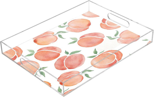 Kigai Watercolor Peach Acrylic Serving Tray with Handles 15.7 x 11.8 x 1.9 inch Spill Proof Decorative Tray Countertop Organizer for Living Room Bathroom Ottoman Coffee Tables