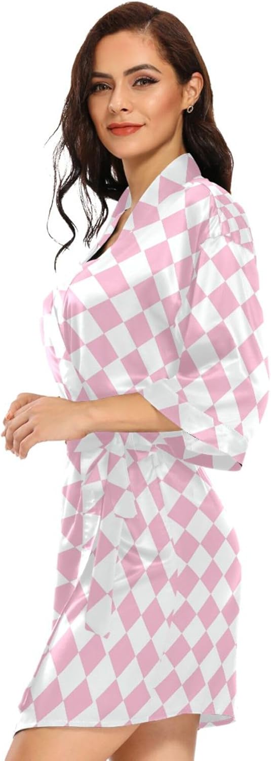 Pink White Check Women's Kimono Robes, Bathrobe Nightwear Skin-friendly Satin Robe Loose