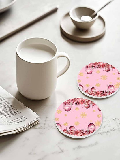 Christmas Flowers Coaster Set of 4 Light Ball Winter Snowflake Pink Drink Coasters with Holder Absorbent Ceramic Coaster for Table Dining Cup Mat for Kitche Cafe Bar Warming Gifts 4 Inches