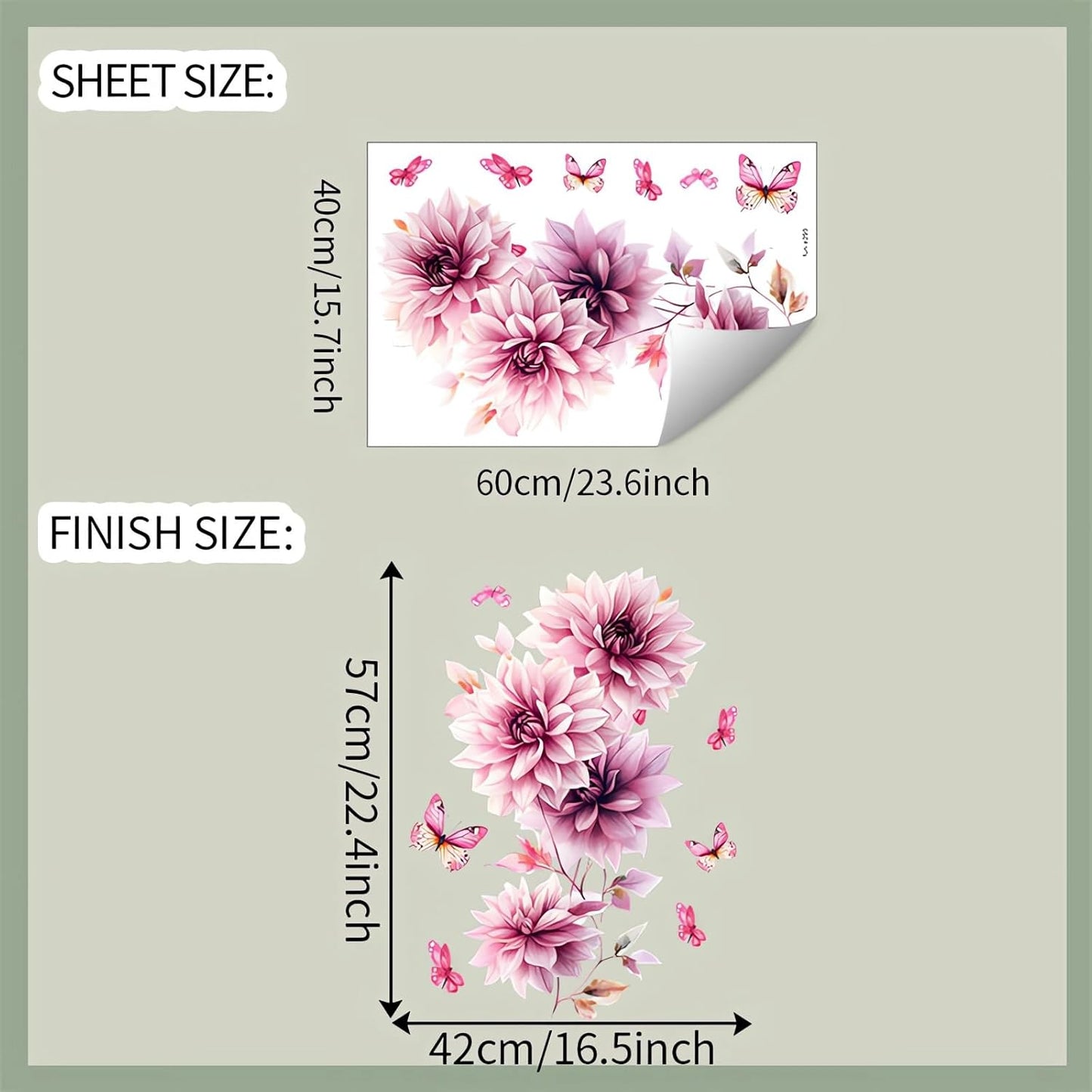 Pink Dahlia Flower Butterfly Wall Stickers, Daisy Peony Floral Art Wall Decals Removable Vinyl Peel and Stick Bathroom Living Room Bedroom Furniture Door Home Decorations