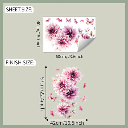 Pink Dahlia Flower Butterfly Wall Stickers, Daisy Peony Floral Art Wall Decals Removable Vinyl Peel and Stick Bathroom Living Room Bedroom Furniture Door Home Decorations