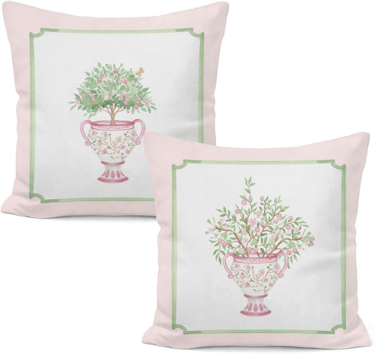 Pink Chinoiserie Floral Pillow Covers 18x18, Cottagecore Pink and Green Flower Botanical Decorative Pillow Covers for Home Baby Girl Room Nursery, Set of 2