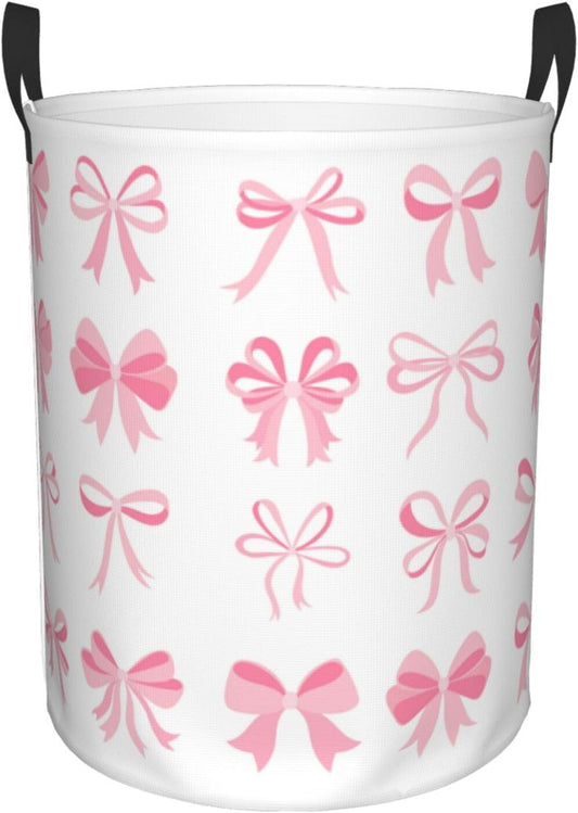 Laundry Basket Room Decor,Round Laundry Hamper Waterproof Dirty Clothes Hamper Collapsible Laundry Baskets With Handles,Toy/Clothes Storage Basket For Home Dorm Bathroom Decor (Pink Bow)