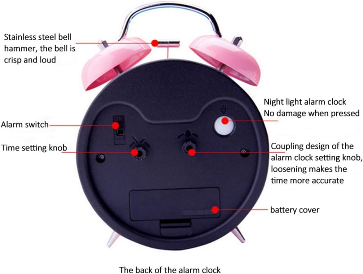 TXY Classical Twin Bell Alarm Clock for Bedroom with Stereoscopic Dial, Frosted Shell, Backlight, Extra Loud Machinical Ringtone, Battery Operated Loud Alarm Clock for Home Office (Pink)