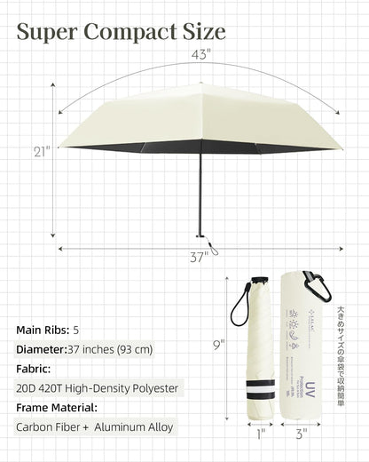 Mini Compact Travel Umbrella, 3.7Oz Ultralight Carbon Fiber UPF 50+ UV Protection Umbrellas for Rain & Sun, Portable Small for Backpack Car, for Women Men Kids, TSA Approved