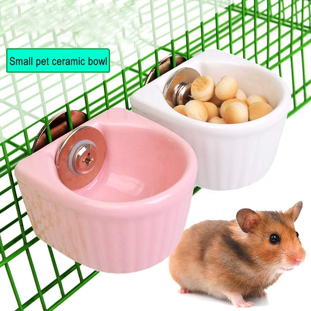 Small Animals Bowl, Detachable Cage Feeder Pet Ceramic Water & Food Feeder, Small Animal Supplies for Rabbit Parrot Squirrels Chinchilla Hamster Ferret (Pink, S)