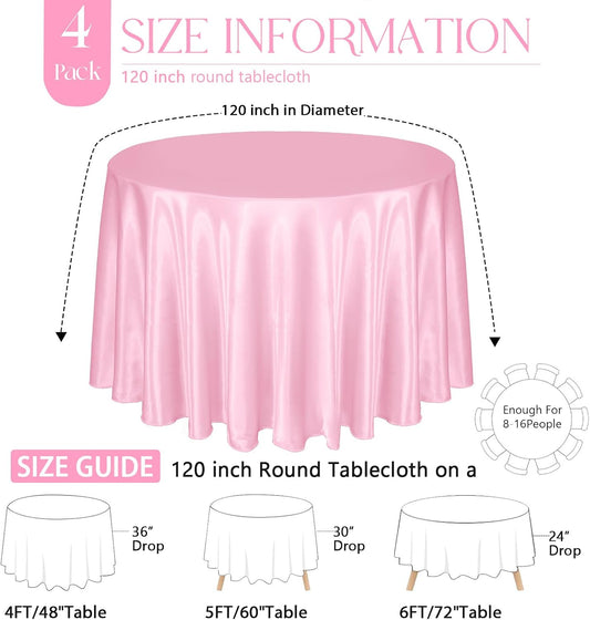 KKJIAF 4 Pack 120 Inch Round Tablecloth Satin Light Pink Tablecloth, Silky Satin Round Table Cover Dining Table Cloth for Wedding, Party, Banquet, Restaurant, Formal Events