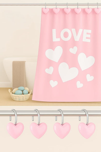 12PCS Decorative Heart Shower Curtain Hooks - Cute Pink Bathroom Accessories, Non-Rust Metal Hooks for Shower Curtain Rings, Easy Install Bathroom Decor for Women, Girls, Kids Room