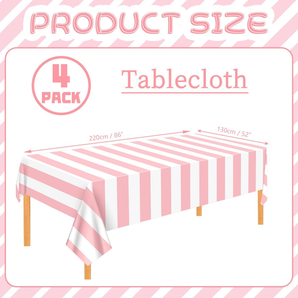 4 Pcs Pink and White Striped Tablecloths Plastic Pink Stripe Tablecloths Waterproof Rectangle Striped Tablecloth for Holiday Picnic Birthday Theme Party Decorations, 52 x 86 in