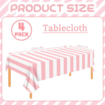 4 Pcs Pink and White Striped Tablecloths Plastic Pink Stripe Tablecloths Waterproof Rectangle Striped Tablecloth for Holiday Picnic Birthday Theme Party Decorations, 52 x 86 in