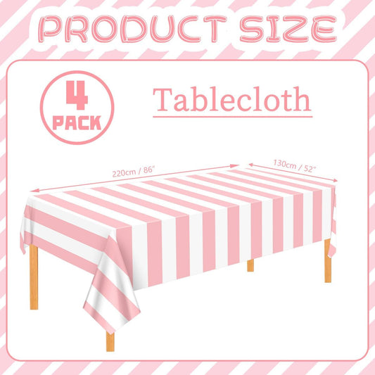 4 Pcs Pink and White Striped Tablecloths Plastic Pink Stripe Tablecloths Waterproof Rectangle Striped Tablecloth for Holiday Picnic Birthday Theme Party Decorations, 52 x 86 in
