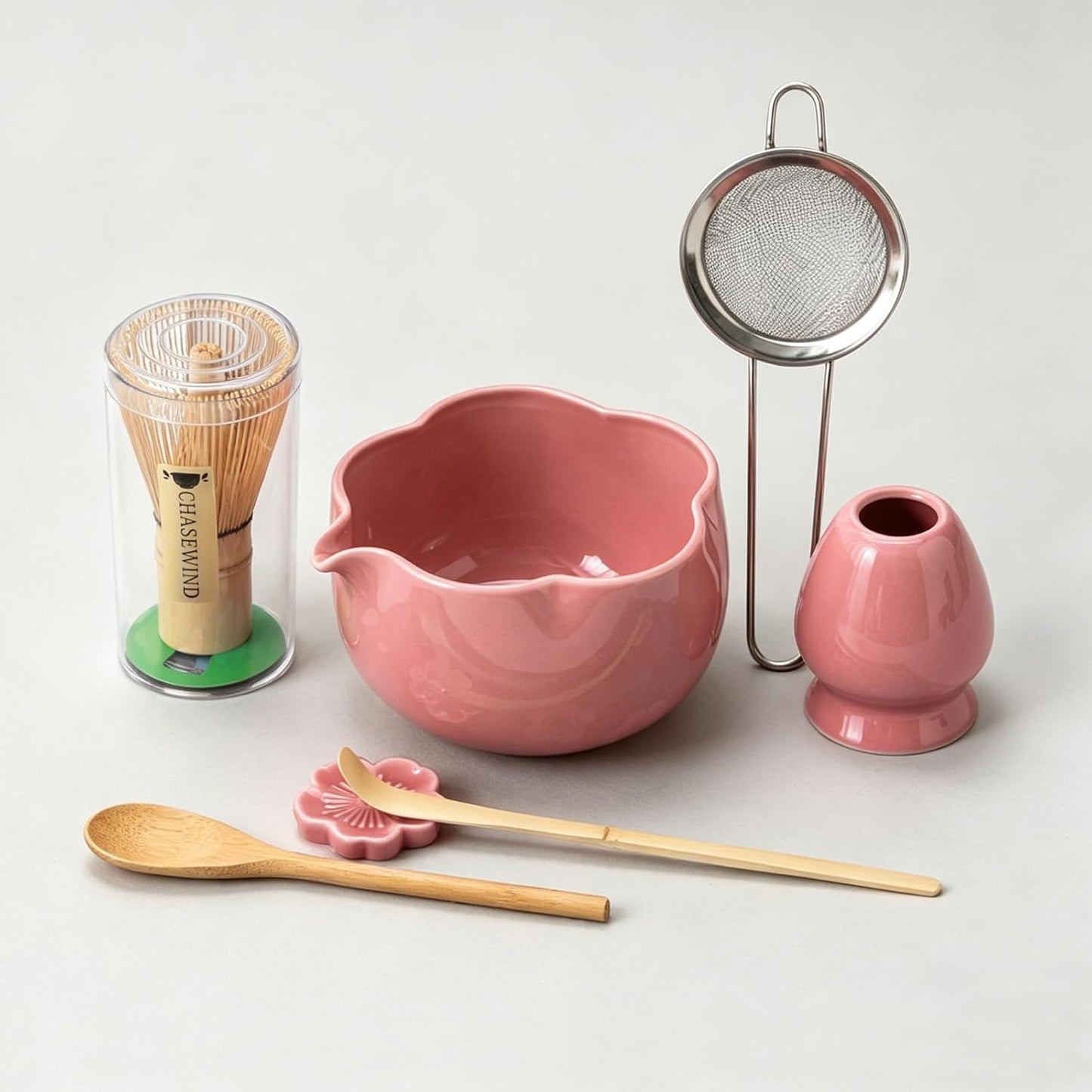 Matcha Set, 8Pcs Floral Ceramic Matcha Kit with Matcha Whisk, Holder, Scoop, Scoop Rest, Sifter, Spoon and Tea Towel - Thoughtful Matcha Whisk Set Gift for Matcha Lovers (Pink)
