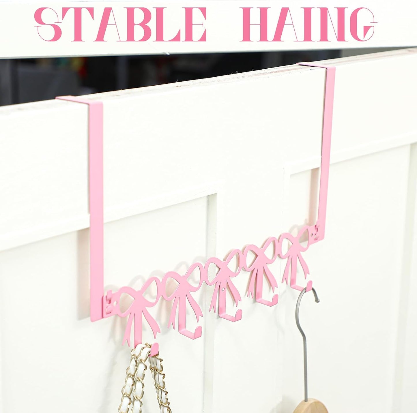 AceOrbit Pink Bow Over The Door Hooks Hanger Wall Mount Towel Hanger Door Holder Organizer 5 Hooks Kawaii Farmhouse Rustic Coquettish Style Decor for Bedroom Bathroom Towel Hat Clothes