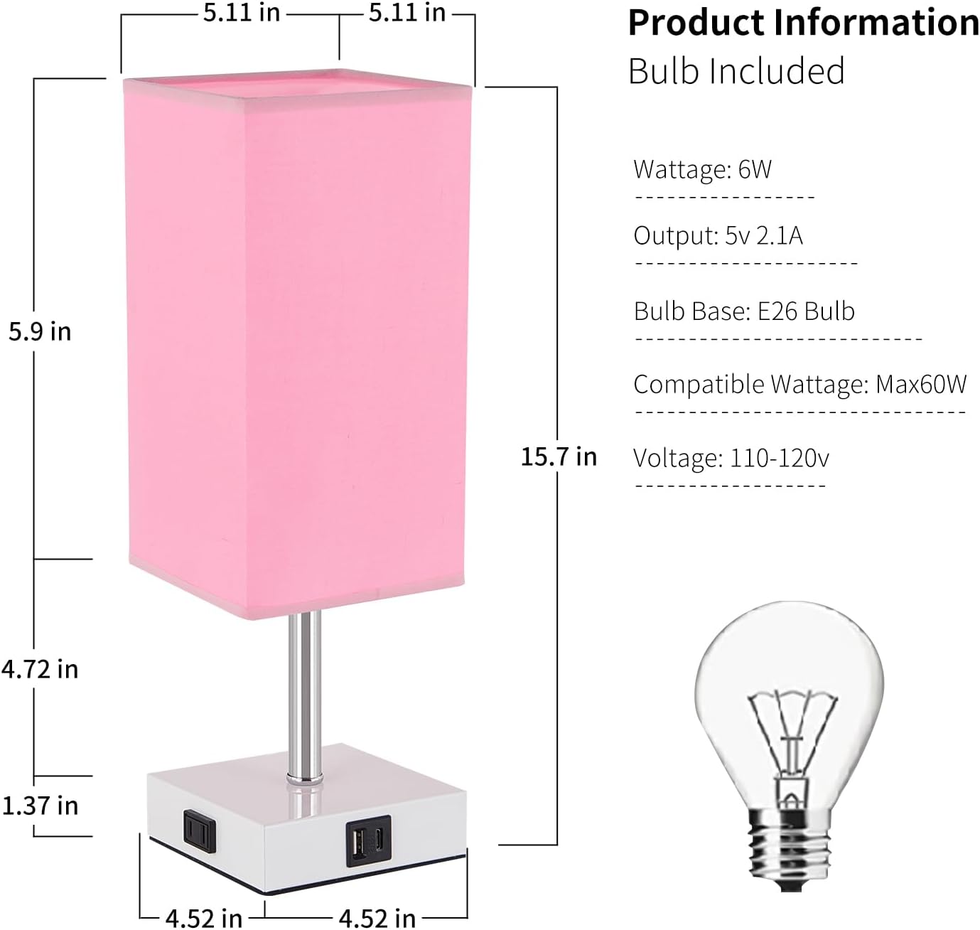 Touch Control Bedside Lamp - 3-Way Dimmable Table Lamps with USB C+A Port and Outlet, Nightstand Lamp for Bedroom Decor and Living Room,Pink