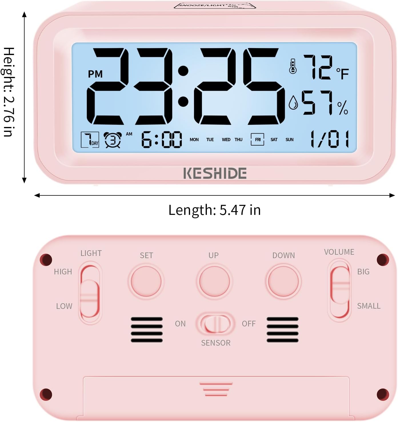 Night Light Digital Alarm Clock Battery Operated with Indoor Temperature Humidity, Desk Small Clock,Snooze Model,12/24H Display for Bedrooms Heavy Sleepers Kids Travel Bathroom (Pink)