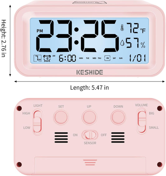 Night Light Digital Alarm Clock Battery Operated with Indoor Temperature Humidity, Desk Small Clock,Snooze Model,12/24H Display for Bedrooms Heavy Sleepers Kids Travel Bathroom (Pink)