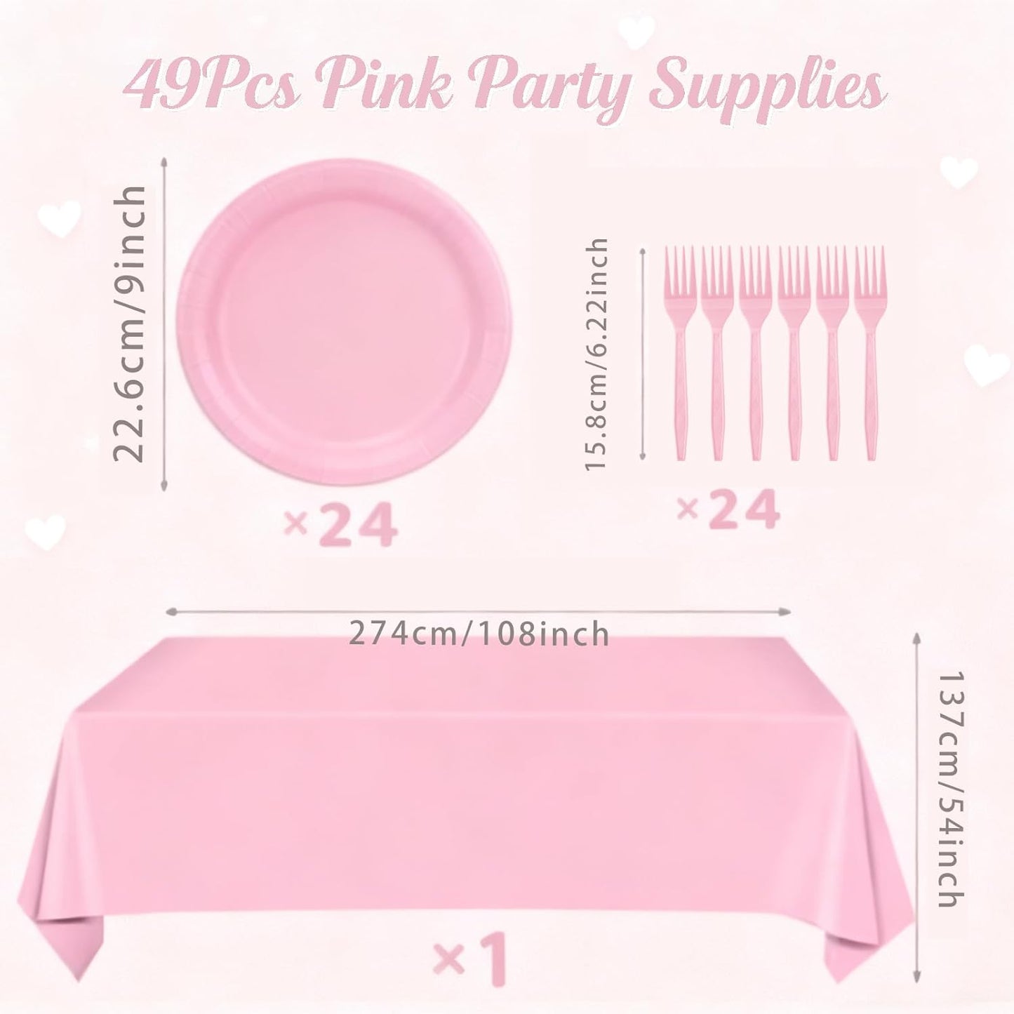 Pink Party Supplies Set Include Pink Plates Tablecloth and Forks, Tableware Set for 24 Guest Paper Plates for Baby Shower, Wedding, Birthday
