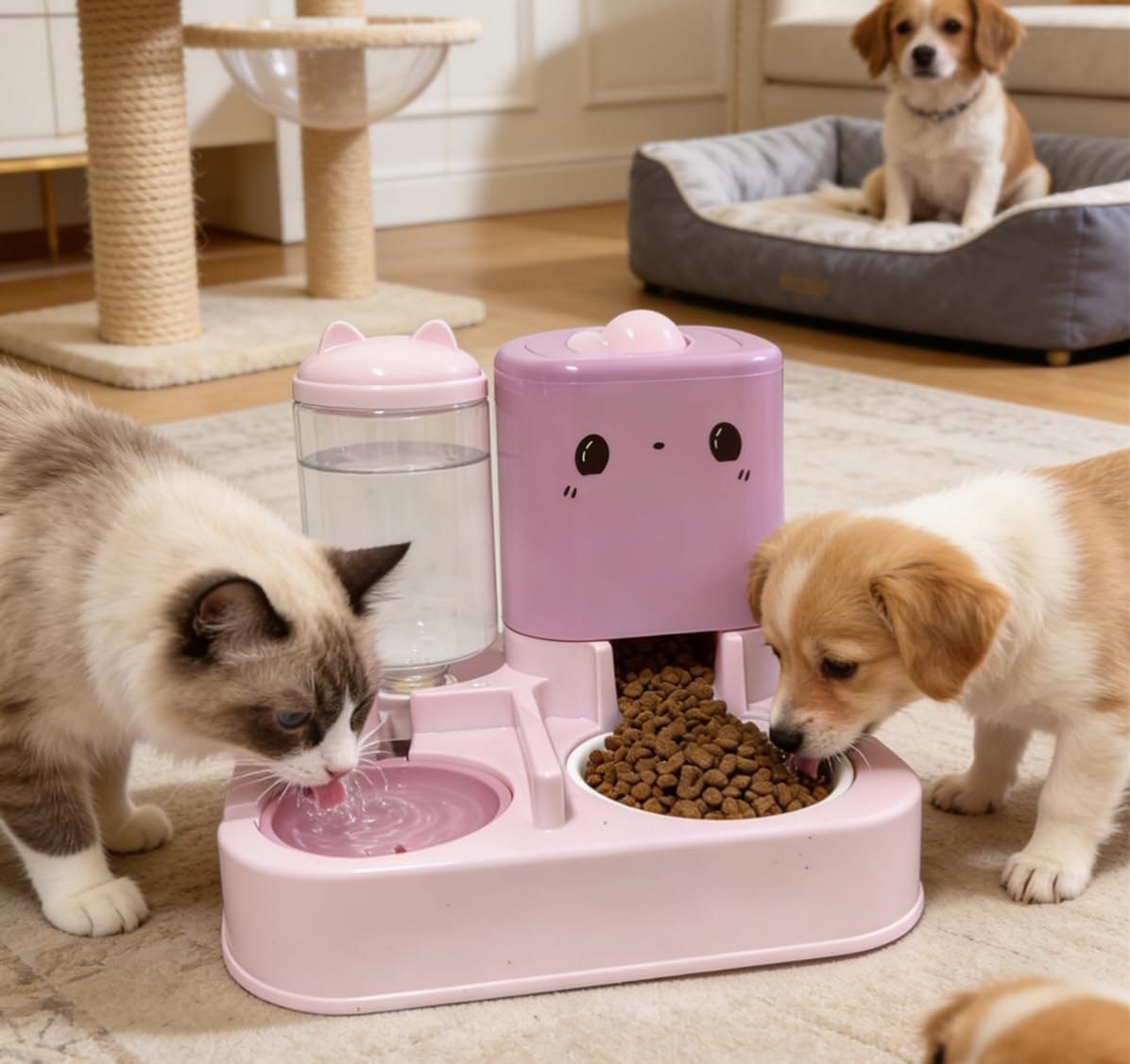 Pet Automatic Feeder Dog Cat Feeding Bowl and Water Dispenser with Refillable Storage Container Large Capacity Rabbit Feeder Watering (Pink)